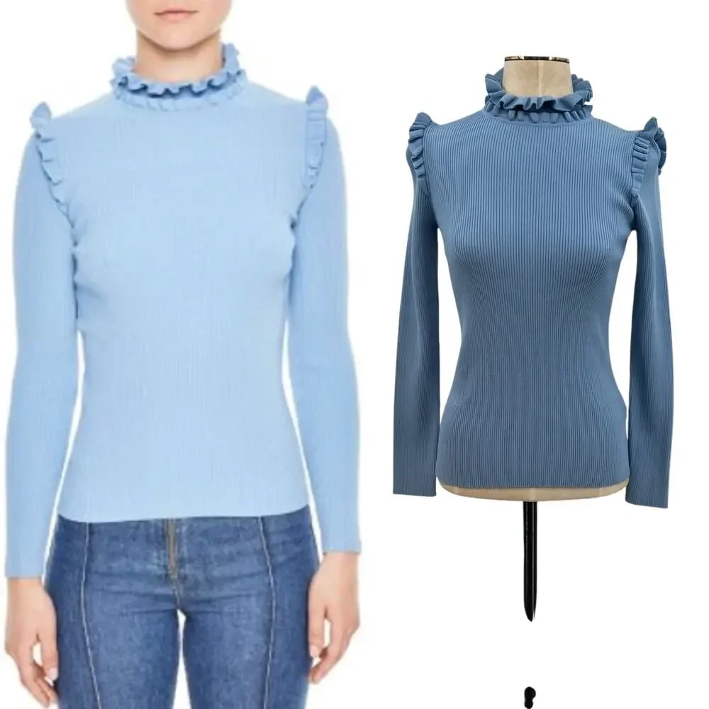 Sandro Spoon Ruffled Sweater Turtleneck Ruffle Cornflower Blue Size 2 US‎ Medium